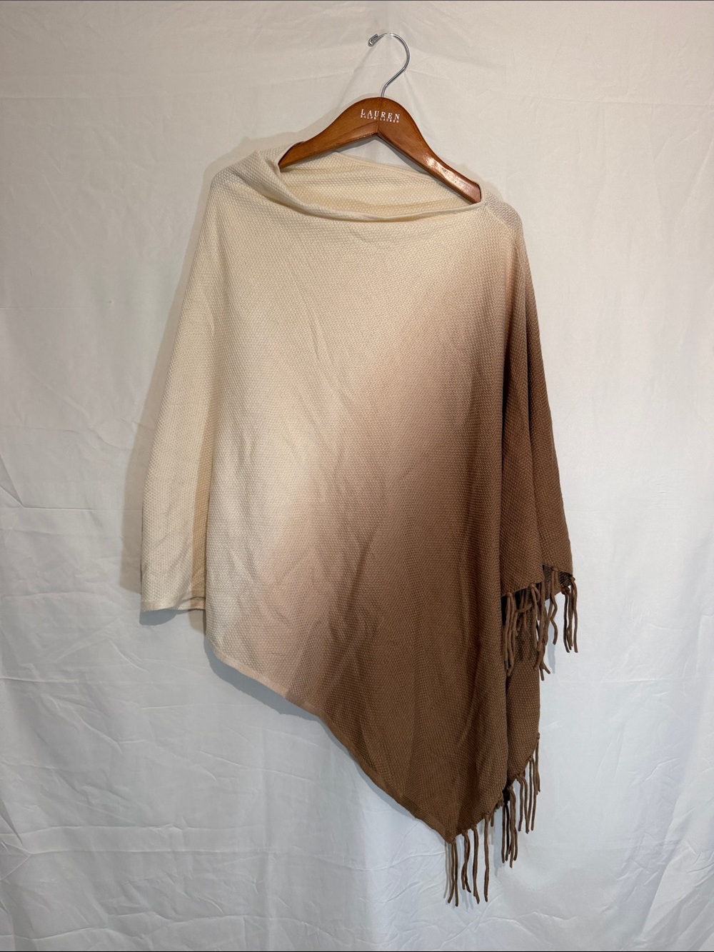 Ombre Cream to Brown Fringe Poncho Sweater
